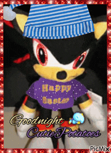 a picture of a stuffed animal wearing a shirt that says happy santa