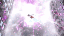 a person is flying through the air with a pink lightning bolt behind them