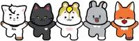 a group of cartoon animals standing next to each other with their hands in the air