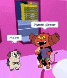 a cartoon character says yumm dinner next to another character