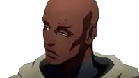a cartoon drawing of a man with a shaved head