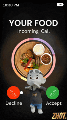 a phone screen that says your food incoming call and a cartoon character