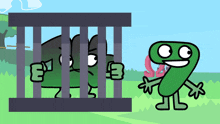 a cartoon of a number 9 standing next to a cartoon character behind bars