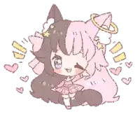 a cartoon drawing of a girl with half black and half pink hair