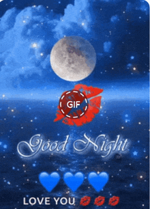a good night greeting card with a full moon and hearts