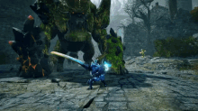 a video game character with a sword and shield fighting a monster