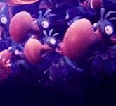 a bunch of cartoon birds with big eyes are standing in a dark room