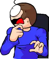 a cartoon drawing of a man in a blue shirt with a surprised look on his face