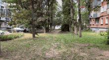 a lush green park with trees and grass in front of a building .