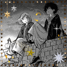 a black and white drawing of a boy and girl sitting on a brick wall