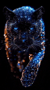 a black panther with blue eyes is surrounded by sparkles