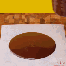 a circle of chocolate sits on a piece of wax paper that says g plus on it