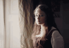 a woman in a brown dress stands in front of a window looking out