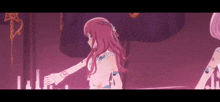 a girl with long pink hair is wearing a white dress and gloves