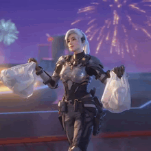 a woman in a futuristic suit is holding two bags of food