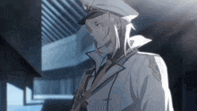 a man in a white coat and hat is standing in a hallway with a gun .