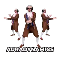 a man in a suit is dancing with auradynamics written below him