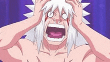 a shirtless anime character is holding his head with his hands .