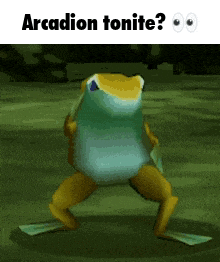 a frog is dancing in a video game and the caption says arcadium tonite