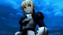 a blonde anime girl in armor is standing in front of a blue sky with clouds .