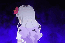 a drawing of a girl with white hair and a red flower in her hair