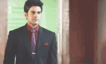 a man in a suit and tie is standing in front of a window