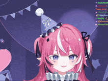 a girl with pink hair wearing a party hat