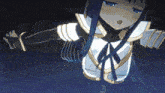 a girl with long black hair is floating in the air with her arms outstretched