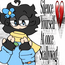 a cartoon character with the words silence yourself at once scallywag in the background