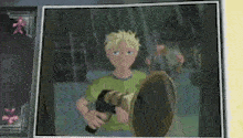 a cartoon of a boy holding a camera in a rainstorm .