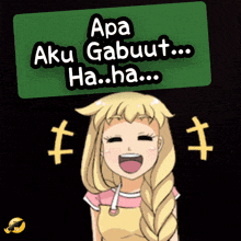 a cartoon of a girl with a sign that says apa aku gabuut ha ha