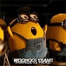 a group of minions are standing next to each other and one of them is wearing overalls and goggles .