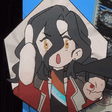 a cartoon drawing of a woman with long black hair and a red jacket
