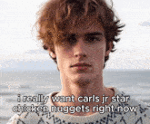 a young man with red hair says i really want carls jr star chicken nuggets right now in a sweater