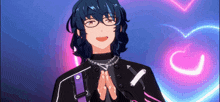 a man with blue hair and glasses is smiling in front of a heart shaped neon sign .
