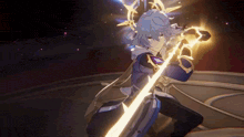 a character in a video game is holding a sword in his hand