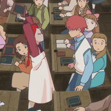 a group of children are sitting at desks in a classroom with books