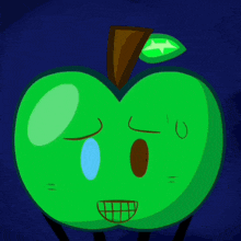 a cartoon drawing of a green apple with a yellow halo around its head