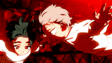 two anime characters are flying through the air with a red background