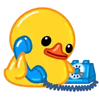 a yellow rubber duck talking on a blue telephone