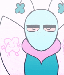 a cartoon character with a tongue sticking out and flowers coming out of his head