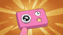 a cartoon drawing of a pink camera with a clock and a star on it