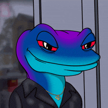 a blue and purple lizard wearing a black jacket and a gold necklace