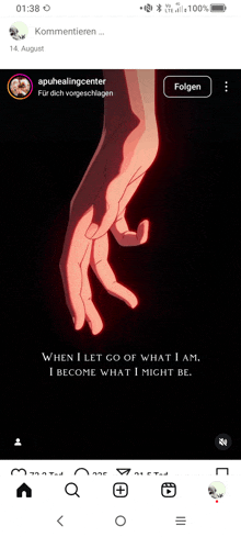 a picture of a hand with the words when i let go of what i am i become what i might be below it