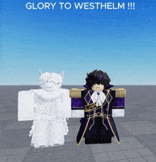a video game character is standing next to another character that says glory to westhelm !!!