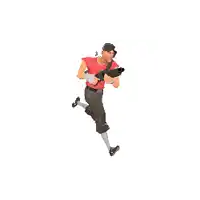 a man in a red shirt and brown pants is running with a gun