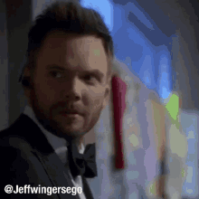 a man in a tuxedo with the hashtag @jeffwingerseg0