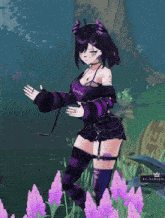 a girl in a purple outfit stands in front of purple flowers