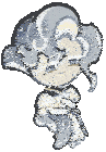 a cartoon character with gray hair and white gloves is sitting down and holding a piece of paper .