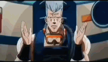 a cartoon character is sitting in a chair with his hands outstretched and wearing goggles .